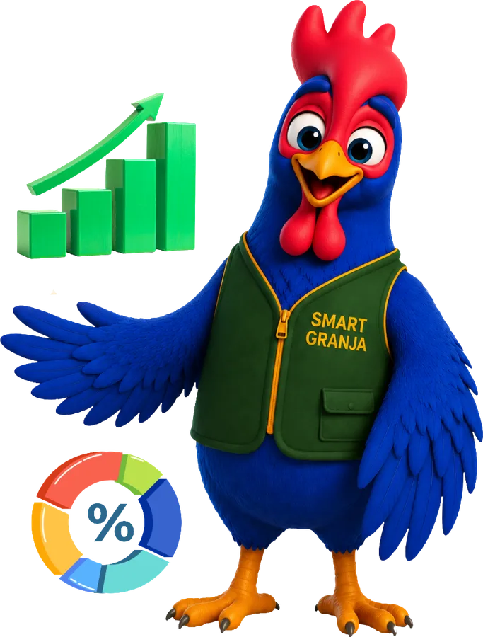 Mascota de Smart Granja presentando indicadores de crecimiento y porcentajes