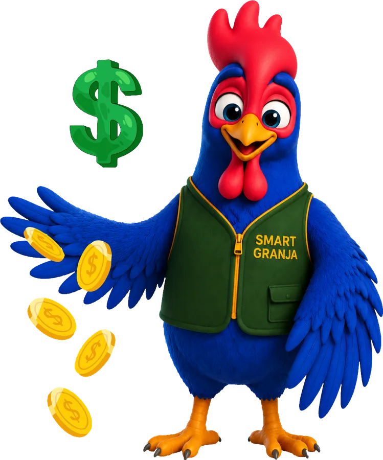 Mascota de Smart Granja mostrando monedas y ganancias