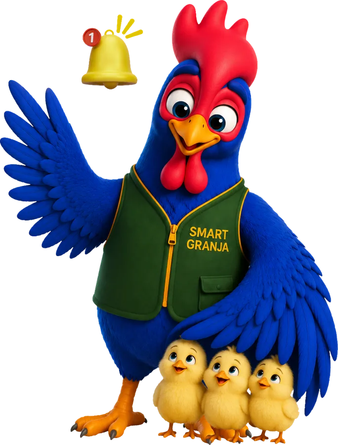 Mascota de Smart Granja cuidando a sus pollitos junto a una notificación